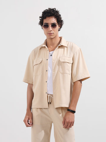 Men's Beige Boxy Fit Textured Resort Wear Shirt