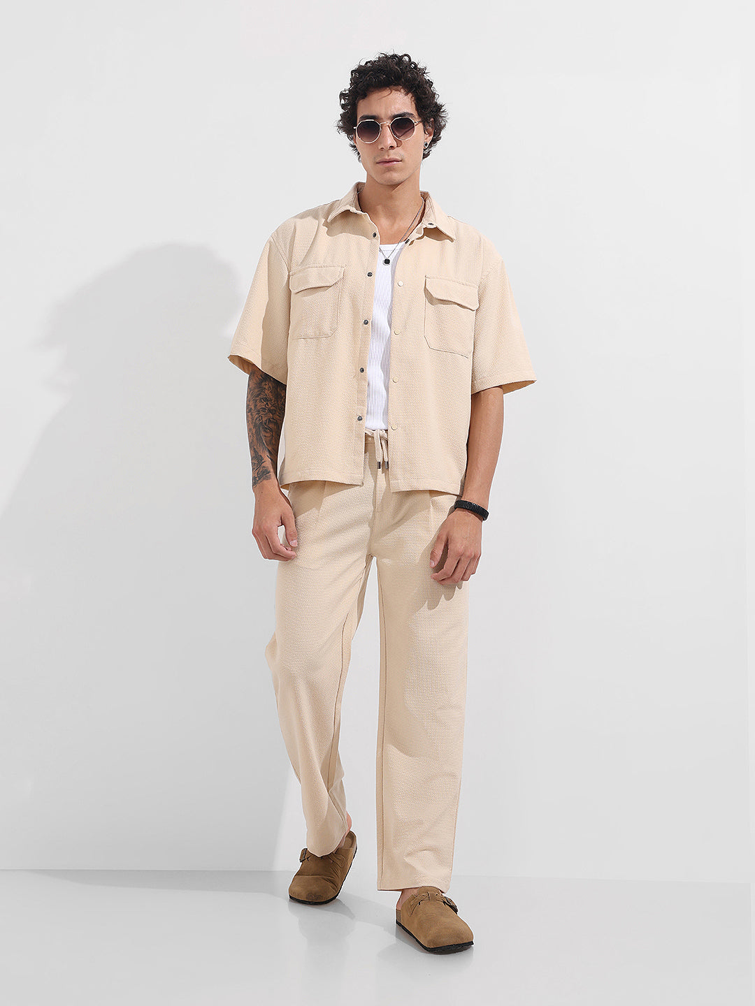 Men's Beige Boxy Fit Textured Resort Wear Shirt
