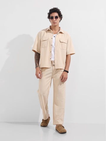 Men's Beige Boxy Fit Textured Resort Wear Shirt