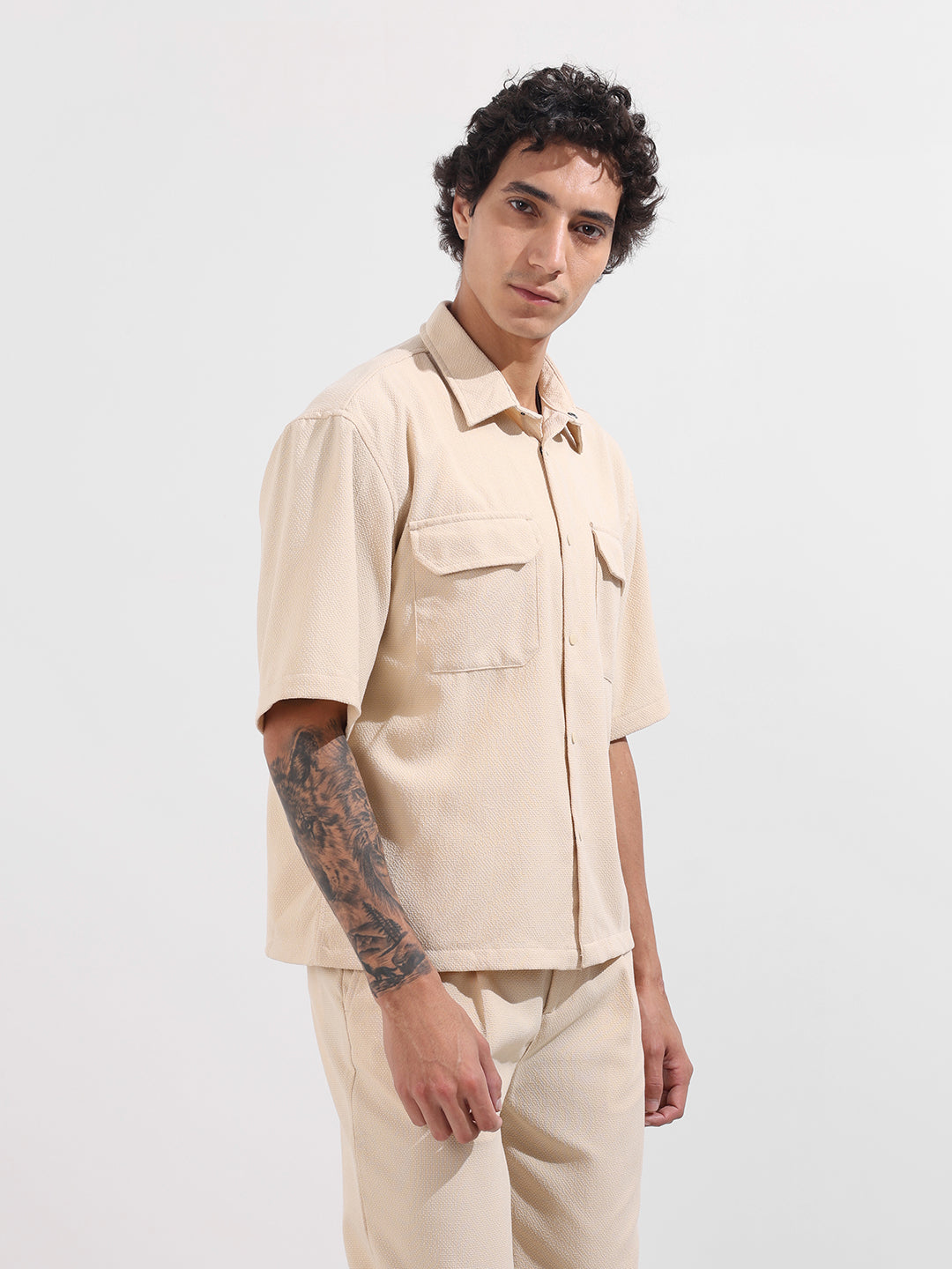 Men's Beige Boxy Fit Textured Resort Wear Shirt