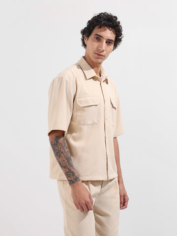 Men's Beige Boxy Fit Textured Resort Wear Shirt