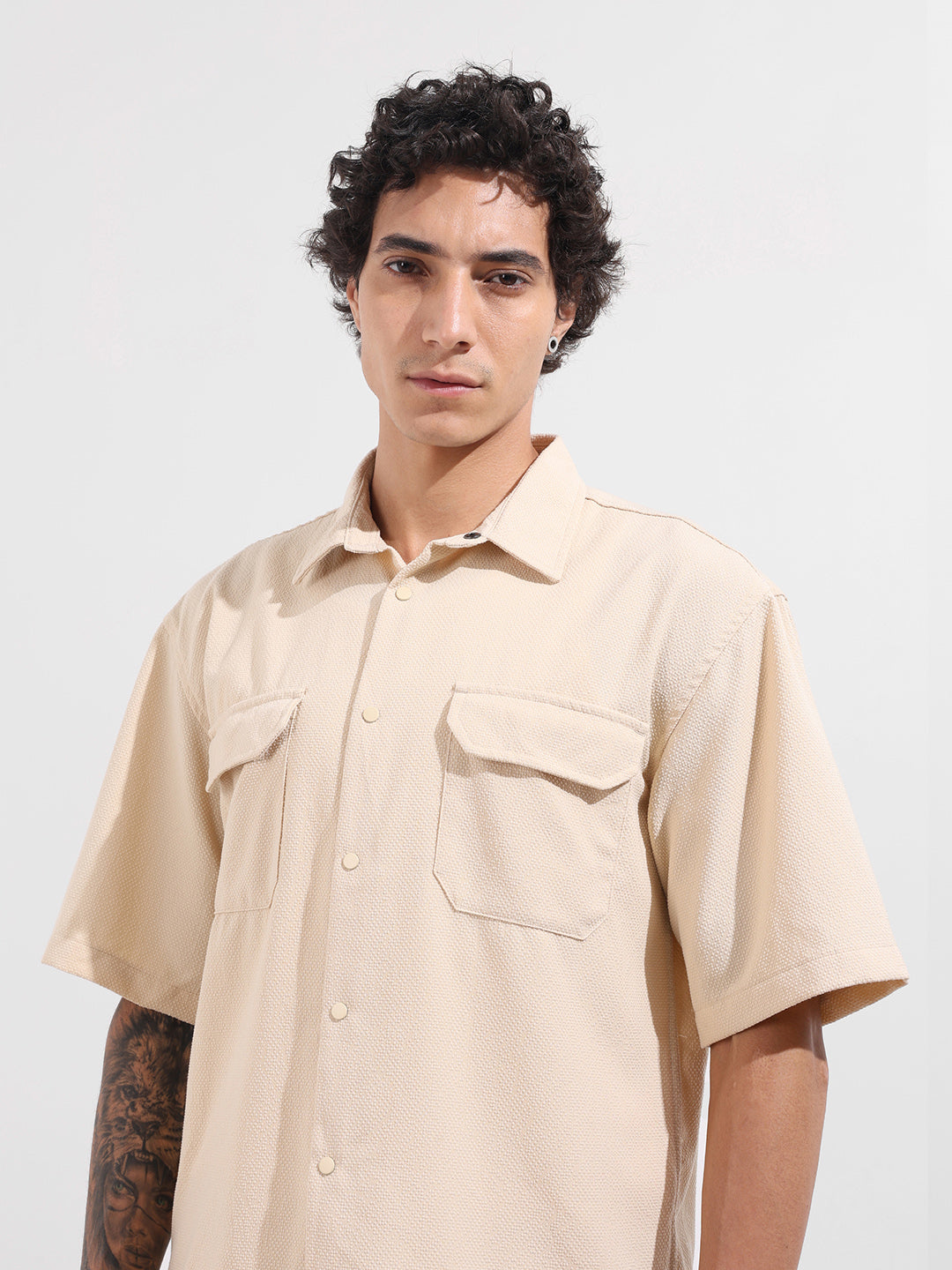 Men's Beige Boxy Fit Textured Resort Wear Shirt