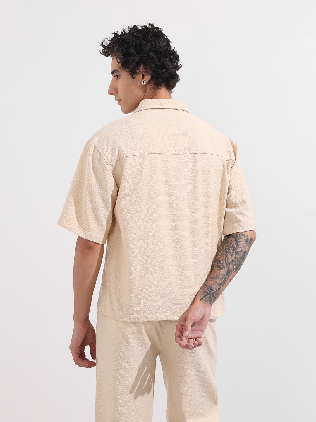 Men's Beige Boxy Fit Textured Resort Wear Shirt