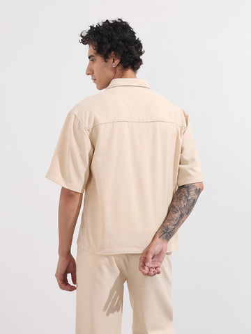 Men's Beige Boxy Fit Textured Resort Wear Shirt