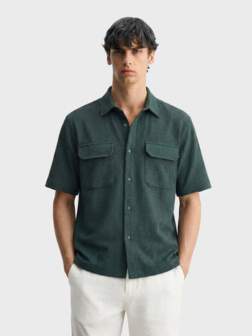 Men's Green Boxy Fit Textured Resort Wear Shirt