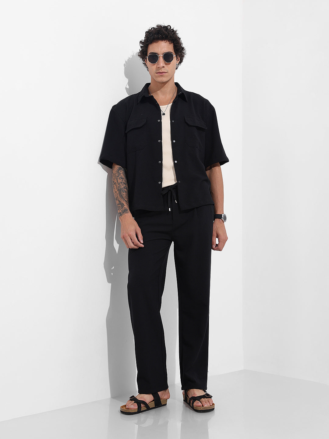 Men's Black Boxy Fit Textured Resort Wear Shirt