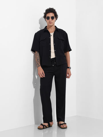 Men's Black Boxy Fit Textured Resort Wear Shirt