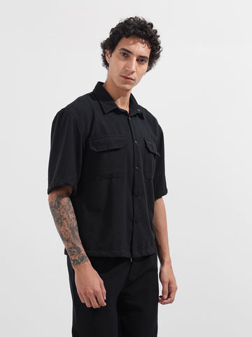 Men's Black Boxy Fit Textured Resort Wear Shirt