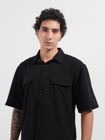 Men's Black Boxy Fit Textured Resort Wear Shirt