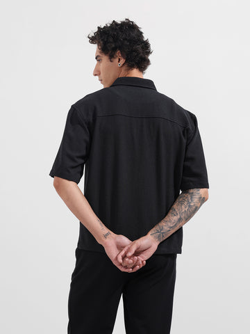 Men's Black Boxy Fit Textured Resort Wear Shirt