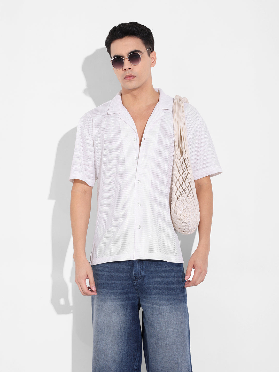 Men's White Relaxed Fit Textured Resort Shirt