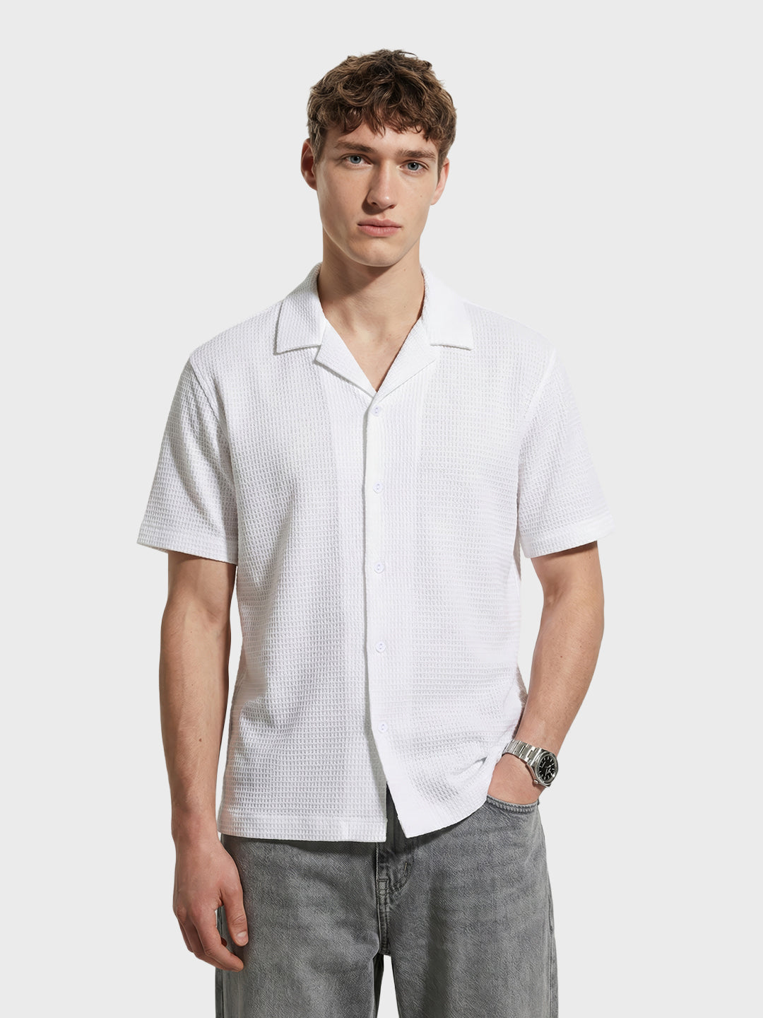 Men's White Relaxed Fit Textured Resort Shirt