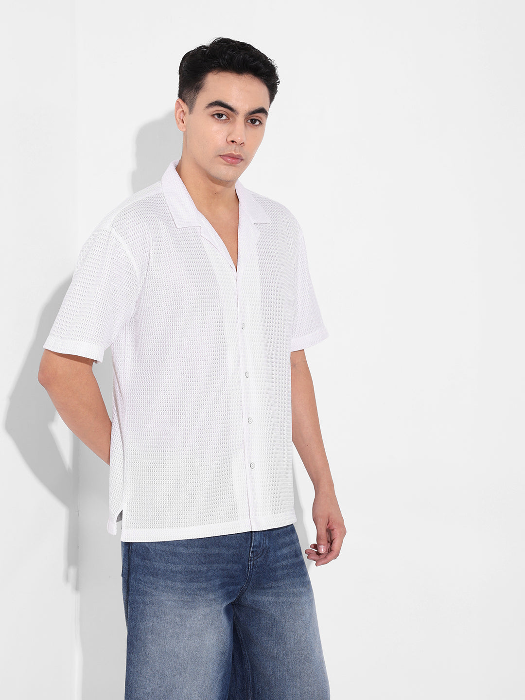 Men's White Relaxed Fit Textured Resort Shirt