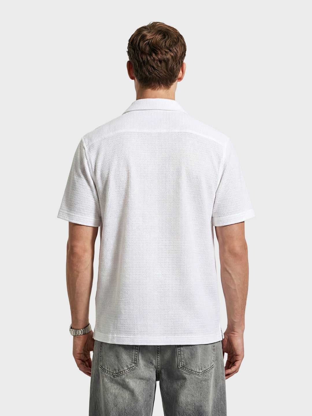 Men's White Relaxed Fit Textured Resort Shirt