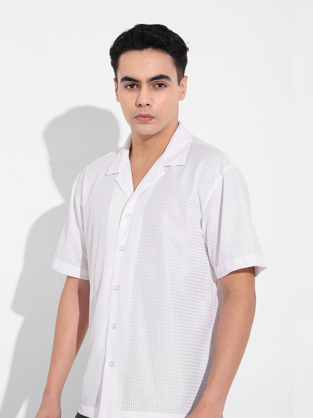 Men's White Relaxed Fit Textured Resort Shirt