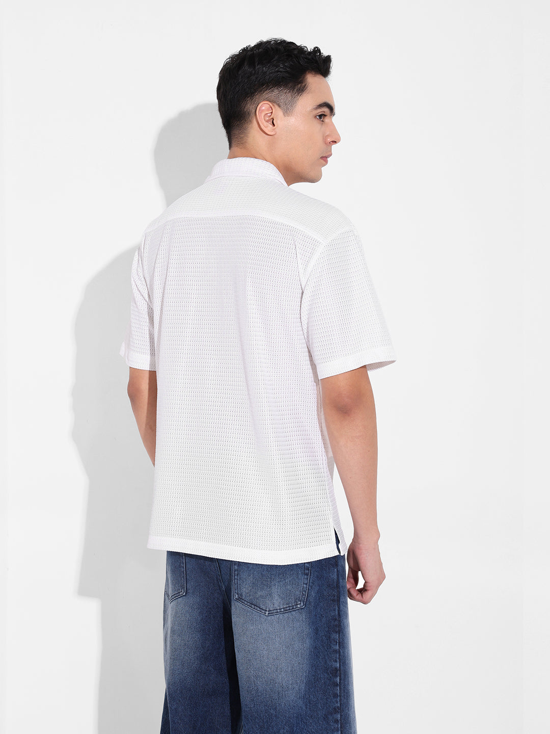 Men's White Relaxed Fit Textured Resort Shirt