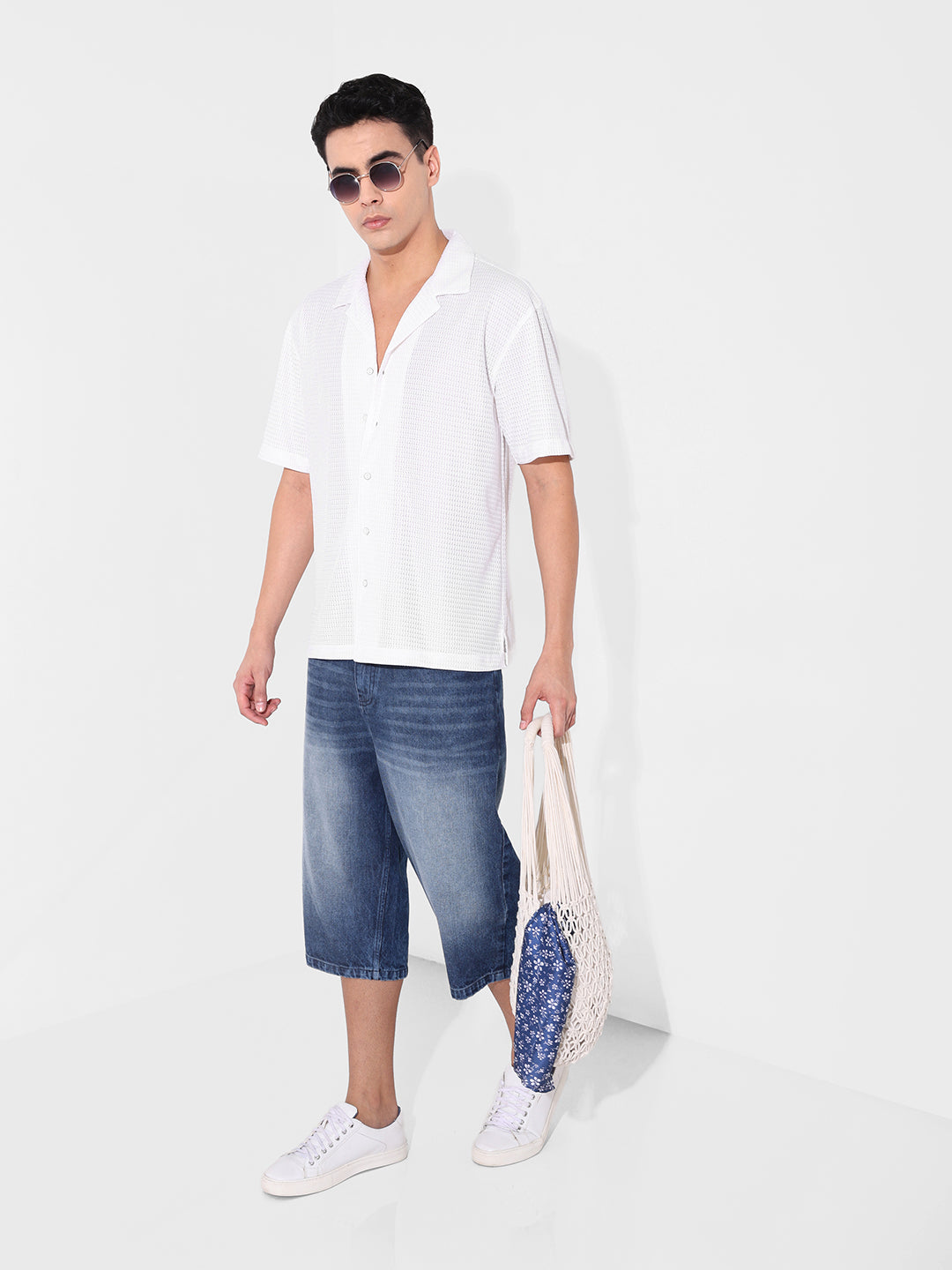 Men's White Relaxed Fit Textured Resort Shirt