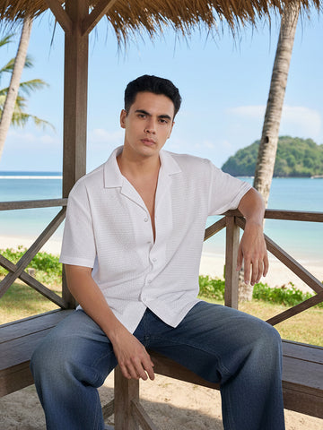 Men's White Relaxed Fit Textured Resort Shirt