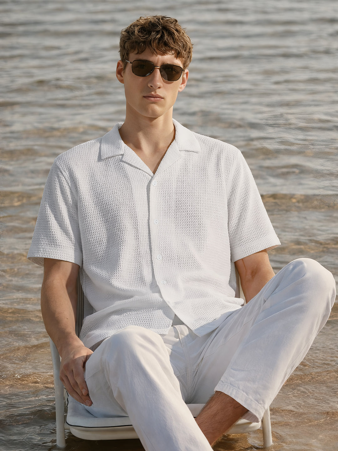 Men's White Relaxed Fit Textured Resort Shirt