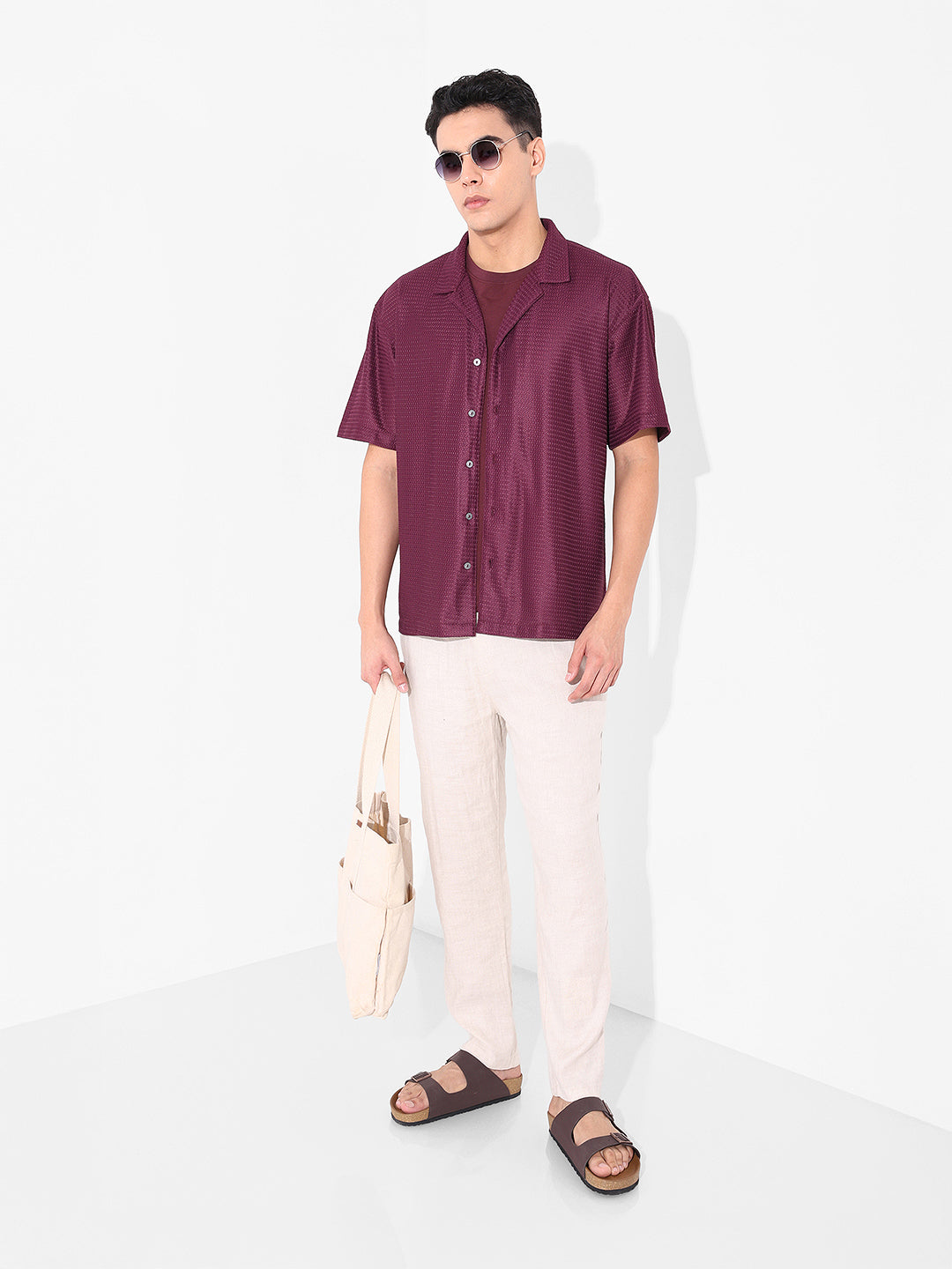Men's Maroon Relaxed Fit Textured Resort Shirt