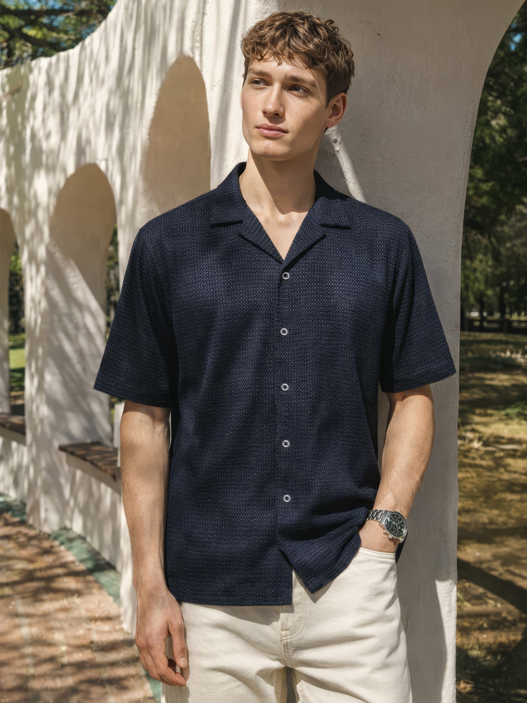 Men's Blue Relaxed Fit Textured Resort Shirt