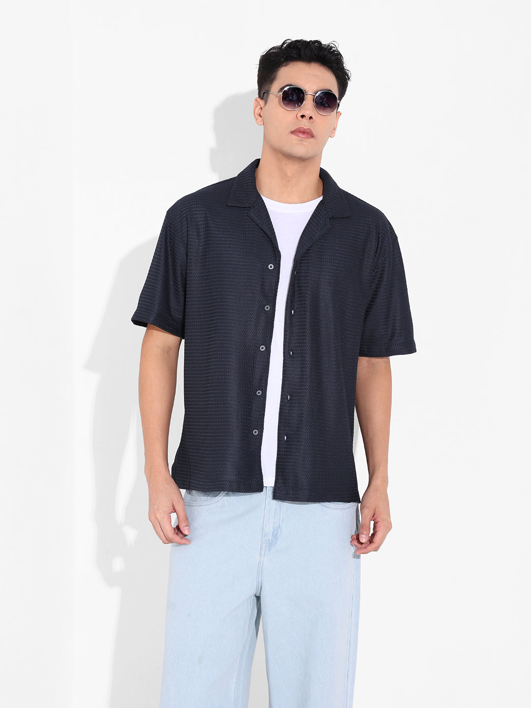 Men's Blue Relaxed Fit Textured Resort Shirt
