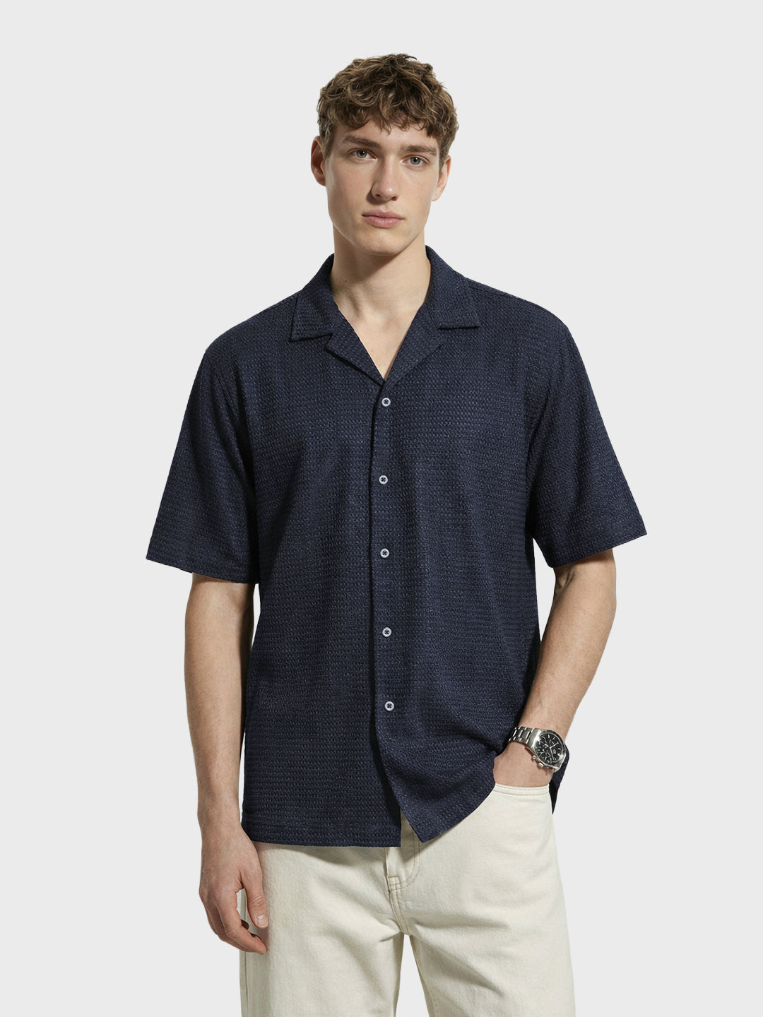Men's Blue Relaxed Fit Textured Resort Shirt
