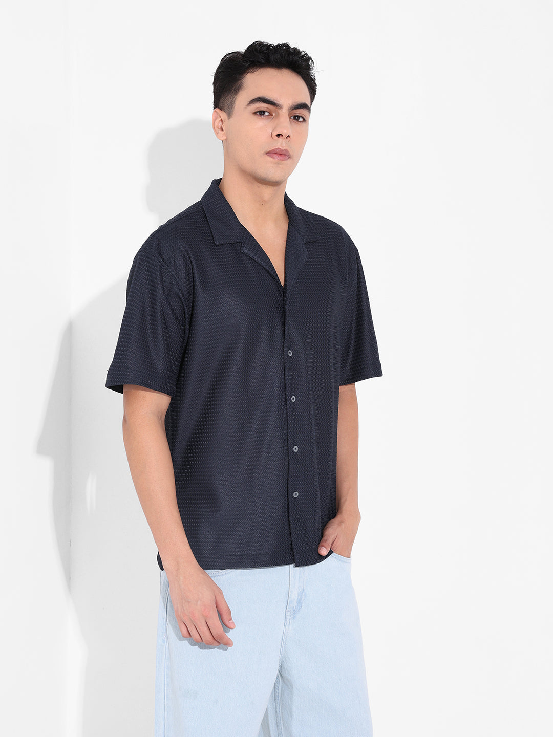 Men's Blue Relaxed Fit Textured Resort Shirt