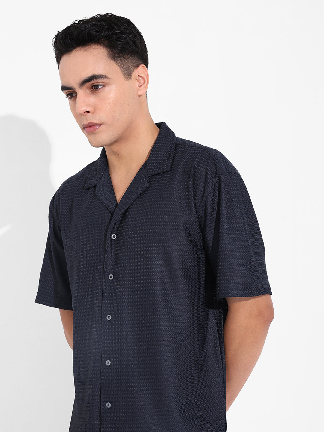 Men's Blue Relaxed Fit Textured Resort Shirt