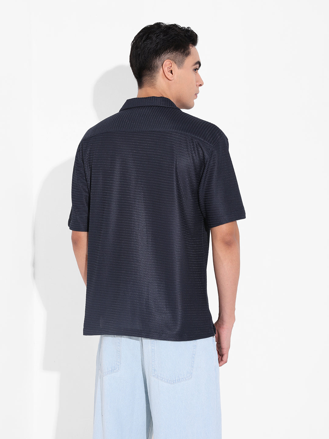 Men's Blue Relaxed Fit Textured Resort Shirt