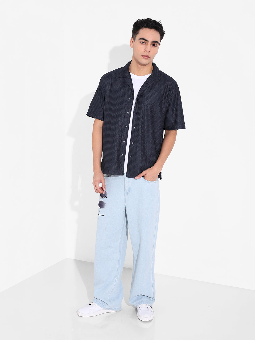 Men's Blue Relaxed Fit Textured Resort Shirt