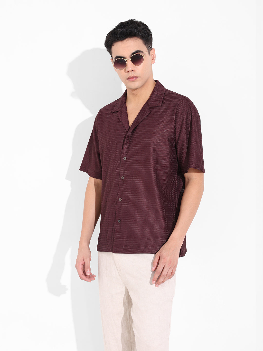 Men's Brown Relaxed Fit Textured Resort Shirt
