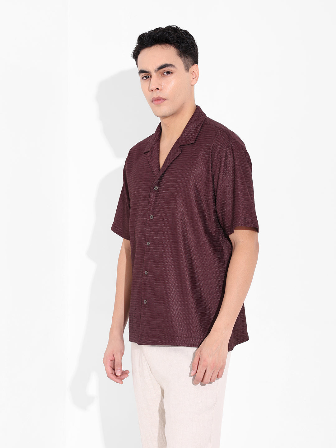 Men's Brown Relaxed Fit Textured Resort Shirt