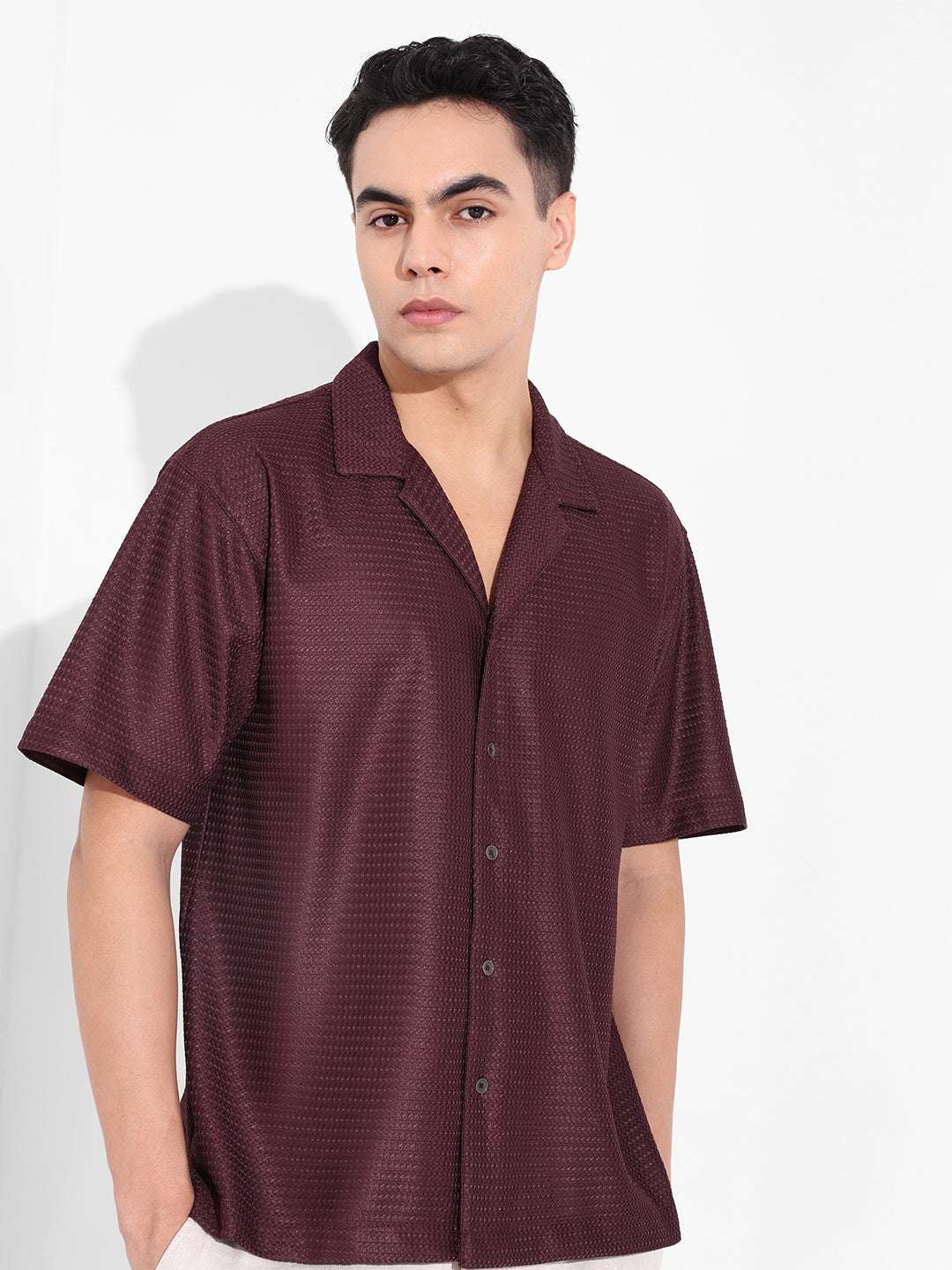 Men's Brown Relaxed Fit Textured Resort Shirt