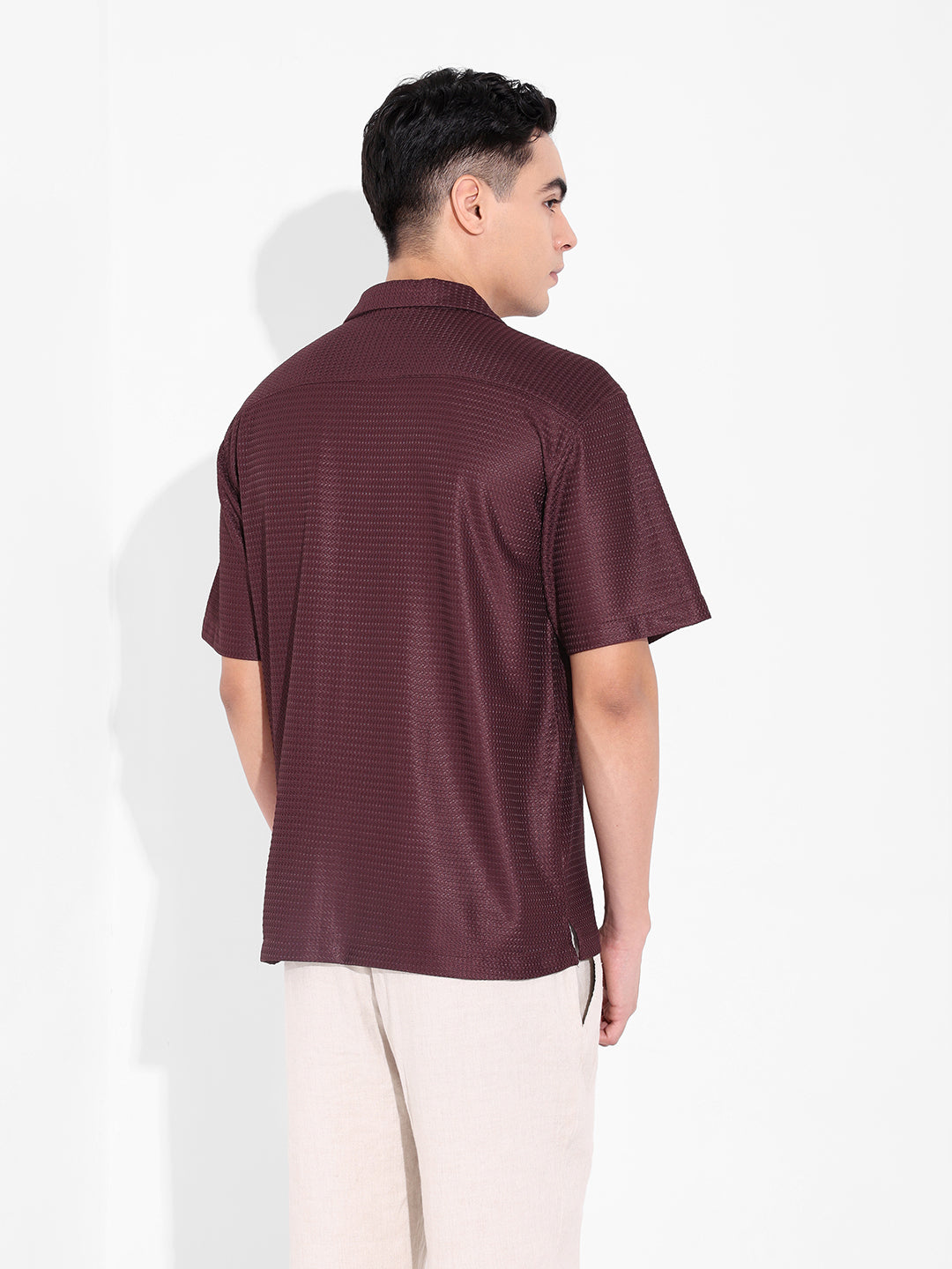 Men's Brown Relaxed Fit Textured Resort Shirt
