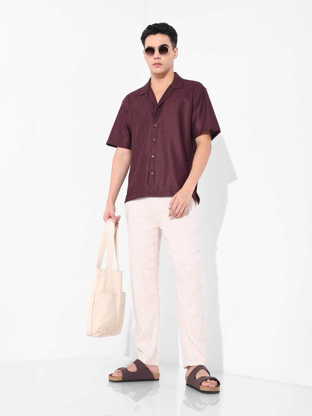 Men's Brown Relaxed Fit Textured Resort Shirt