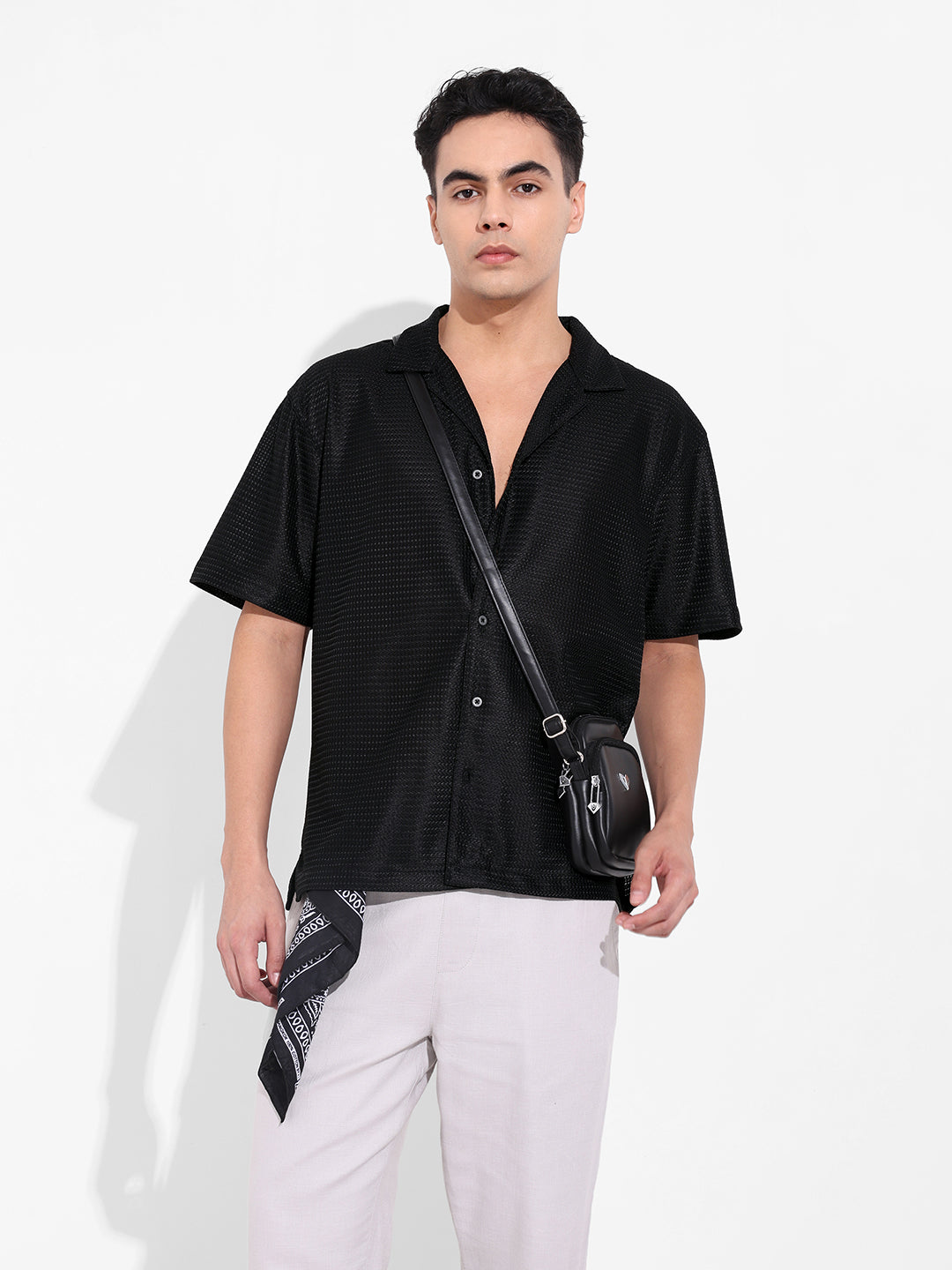 Men's Black Relaxed Fit Textured Resort Shirt