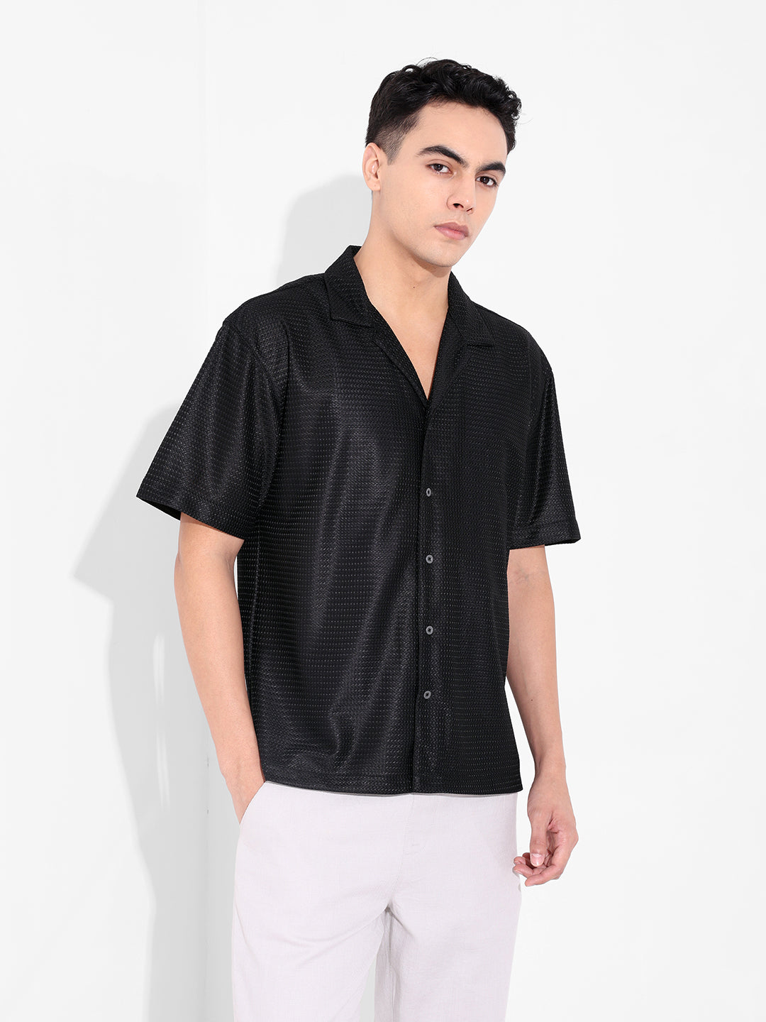 Men's Black Relaxed Fit Textured Resort Shirt