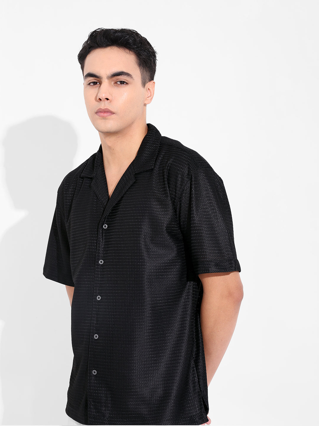 Men's Black Relaxed Fit Textured Resort Shirt