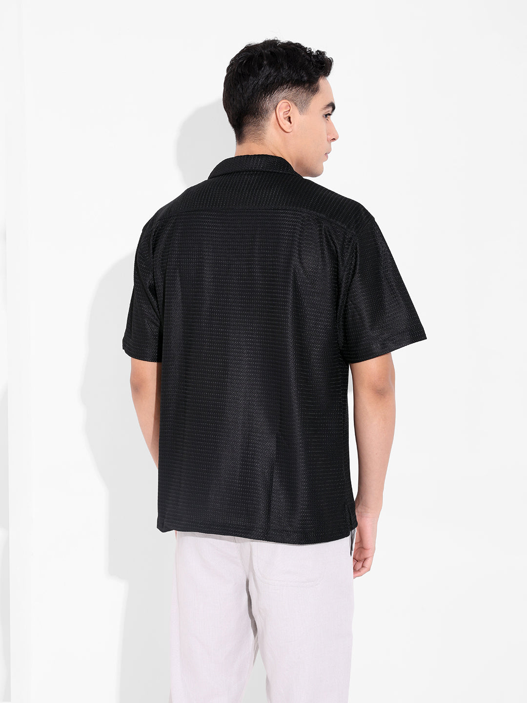 Men's Black Relaxed Fit Textured Resort Shirt