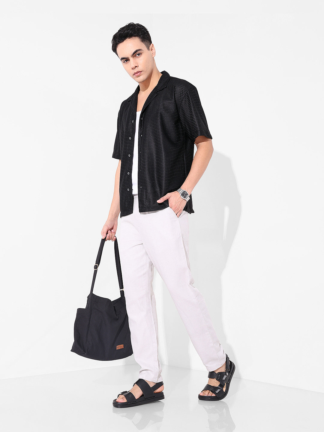 Men's Black Relaxed Fit Textured Resort Shirt