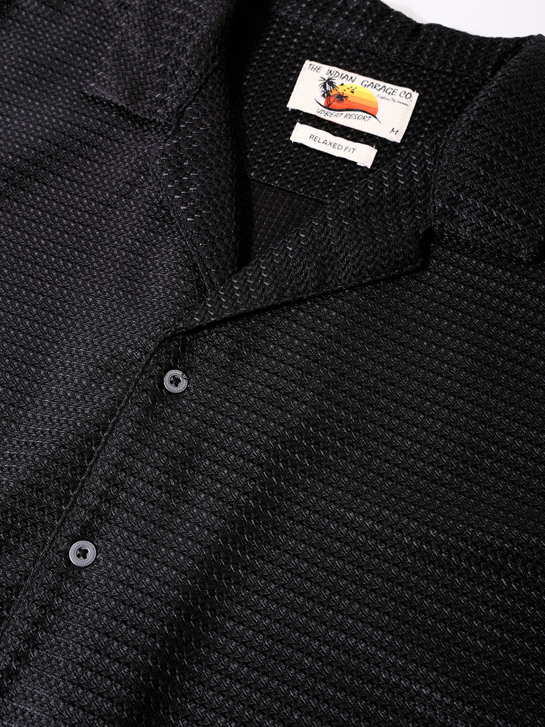Men's Black Relaxed Fit Textured Resort Shirt