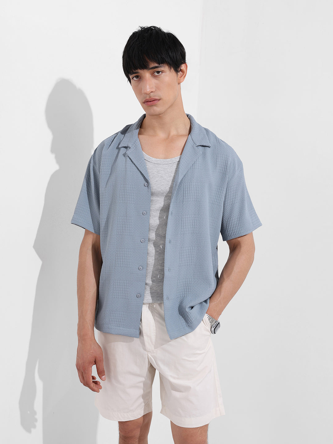 Men's Blue Relaxed Fit Resort Wear Textured Shirt