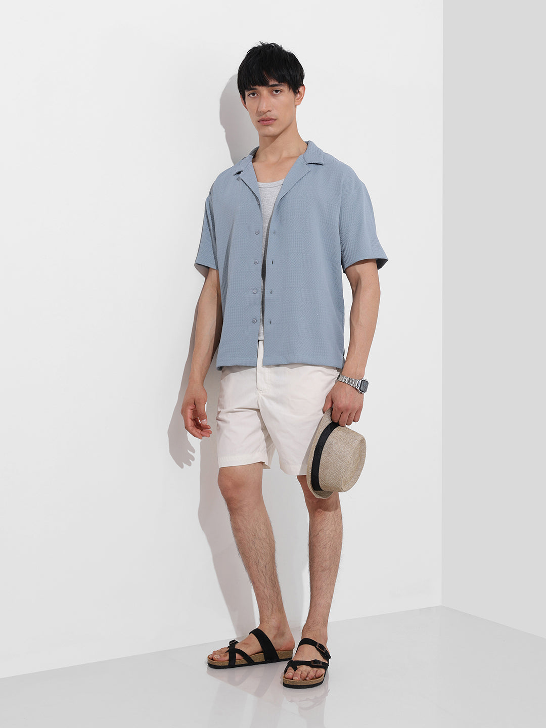 Men's Blue Relaxed Fit Resort Wear Textured Shirt