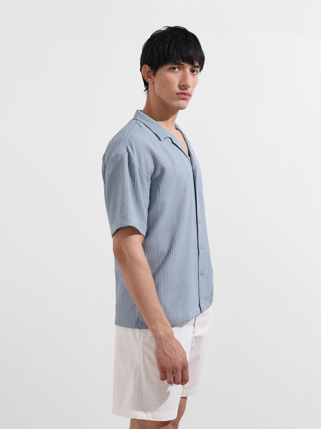 Men's Blue Relaxed Fit Resort Wear Textured Shirt