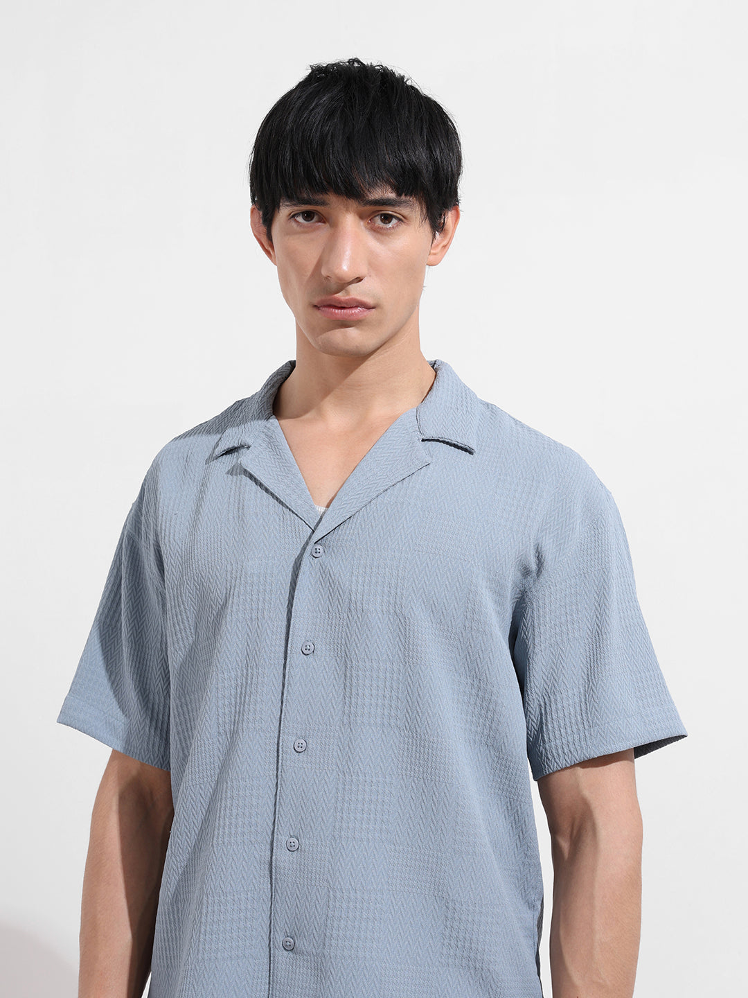 Men's Blue Relaxed Fit Resort Wear Textured Shirt