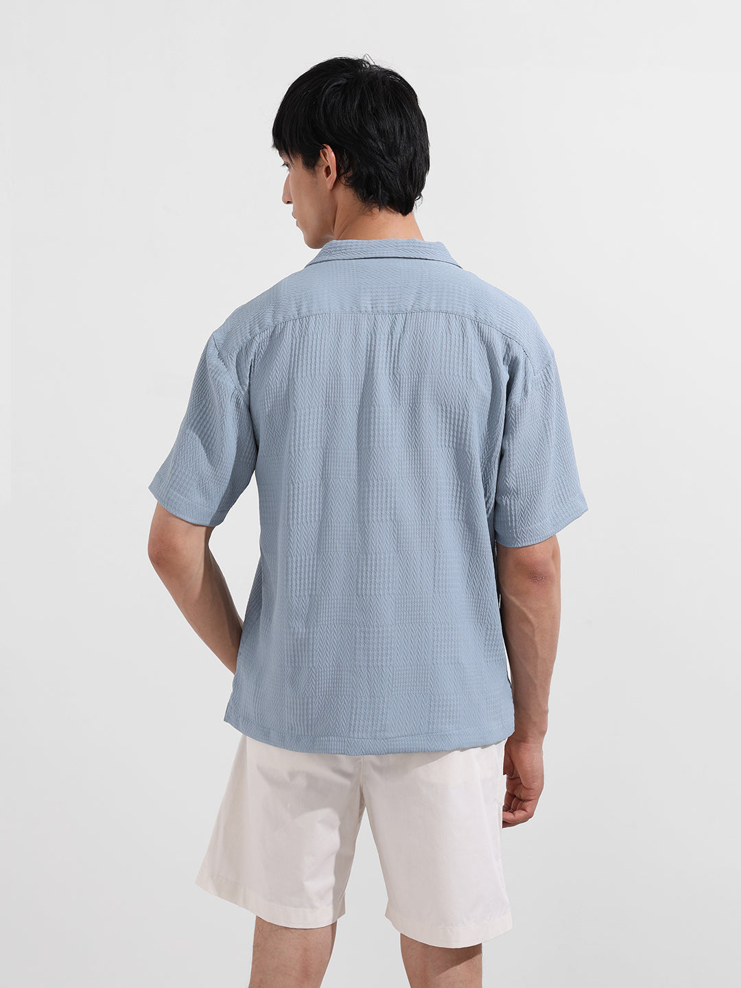 Men's Blue Relaxed Fit Resort Wear Textured Shirt