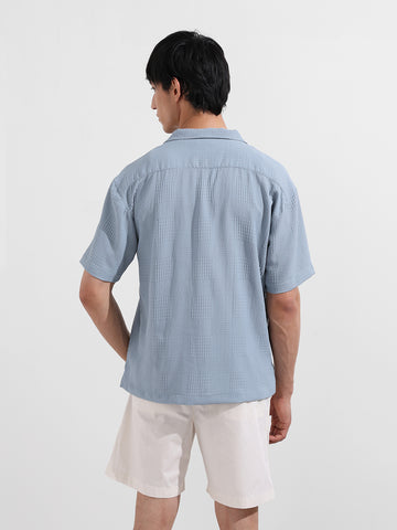 Men's Blue Relaxed Fit Resort Wear Textured Shirt