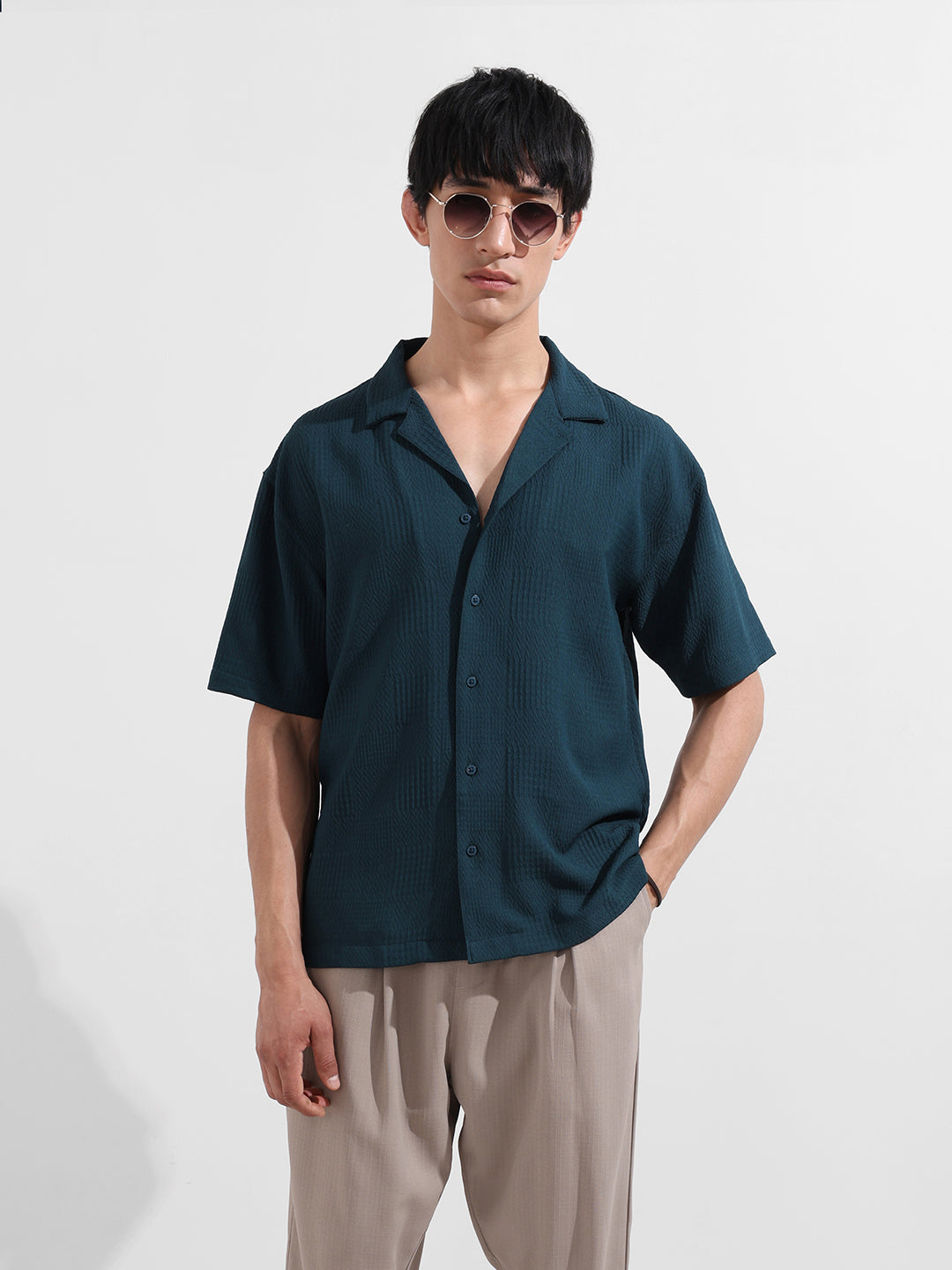 Men's Teal Relaxed Fit Resort Wear Textured Shirt