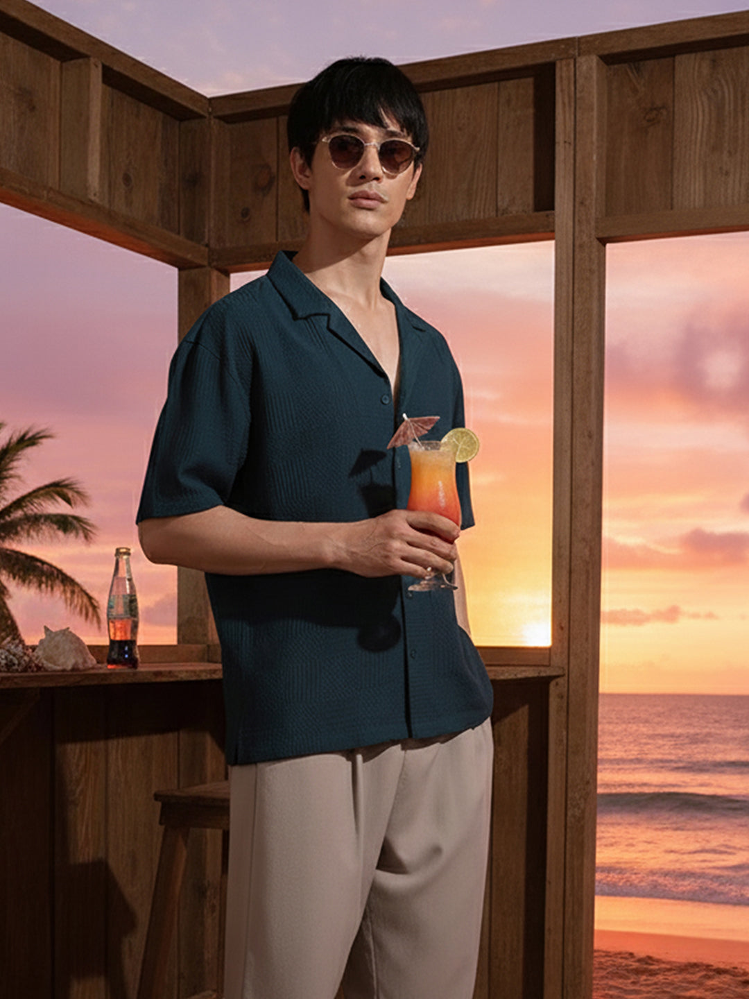 Men's Teal Relaxed Fit Resort Wear Textured Shirt